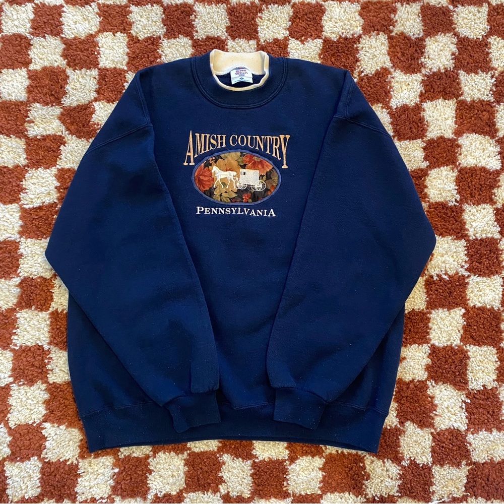 Vintage Amish Country Pennsylvania Embroidered Navy Blue Sweatshirt